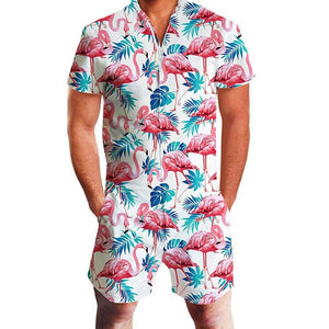 SHUJIN New Flamingos Floral Print Rompers Men 3D Funny Short Sleeve Jumpsuit Summer Playsuit Overalls Casual One Piece Outfits