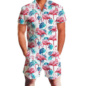 SHUJIN New Flamingos Floral Print Rompers Men 3D Funny Short Sleeve Jumpsuit Summer Playsuit Overalls Casual One Piece Outfits